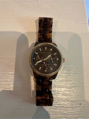 Michael Kors Brown Tortoiseshell Link Watch with Gold Bezel